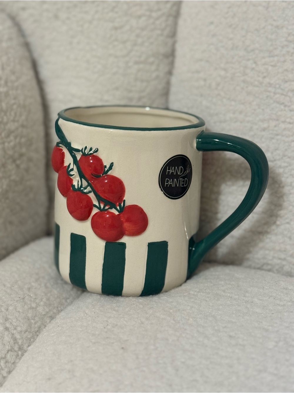 Hand-Painted Cream and Green Cherry Ceramic Mug
